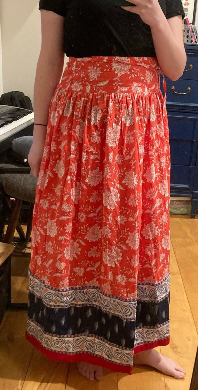 Red Floral Block Print Indian Maxi Skirt Women S/M Paisley Border Boho Festival